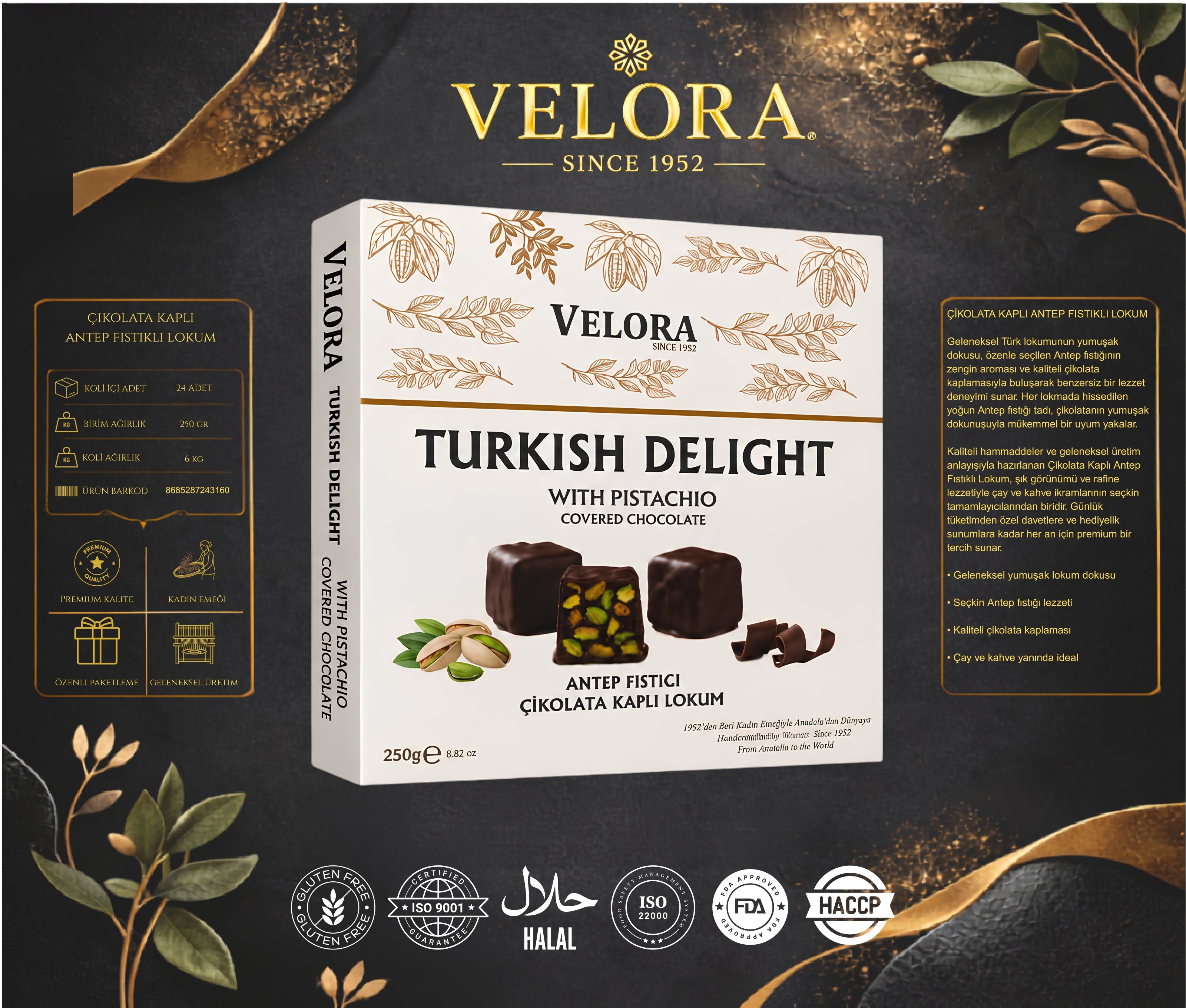 ÇİKOLATA KAPLI ANTEP FISTIKLI PREMİUM LOKUM 250 GR