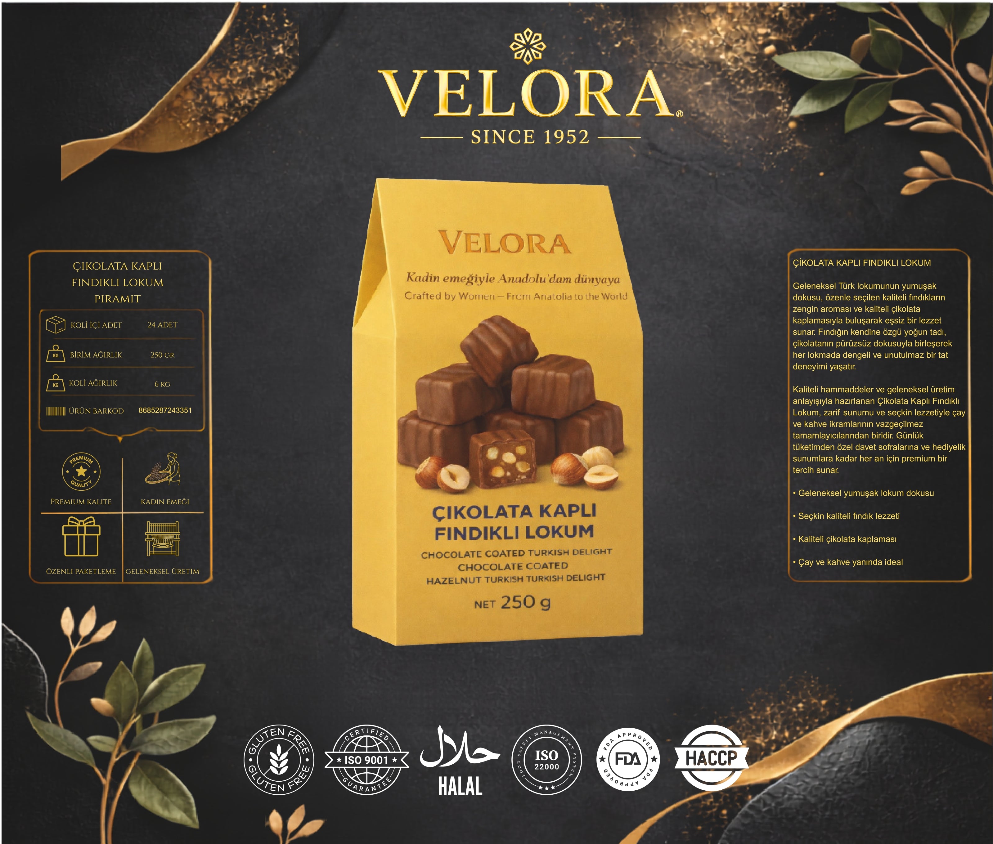 ÇİKOLATA KAPLI FINDIKLI LOKUM PİRAMİT 250 GR