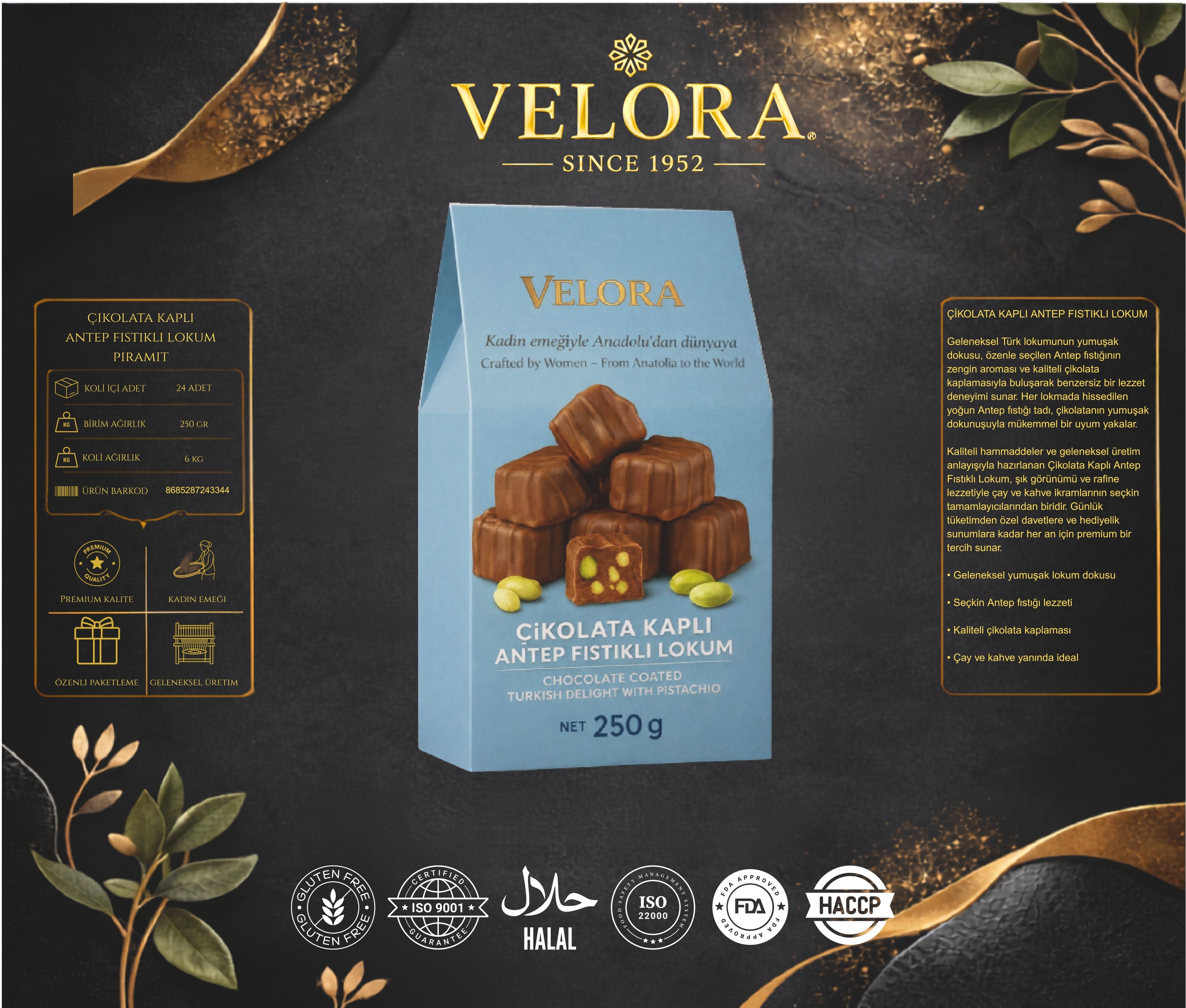 ÇİKOLATA KAPLI ANTEP FISTIKLI LOKUM PİRAMİT 250 GR